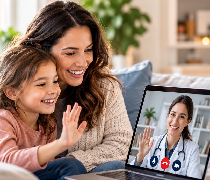 A mother and daughter waving at a doctor during a video visit at home