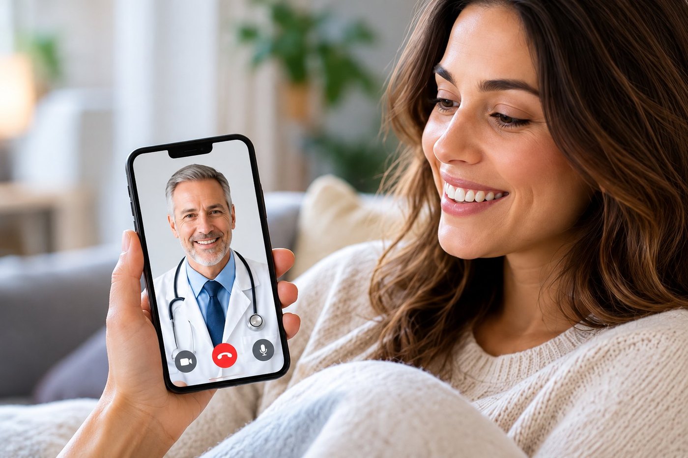 A woman at home on a video call with a doctor on her phone